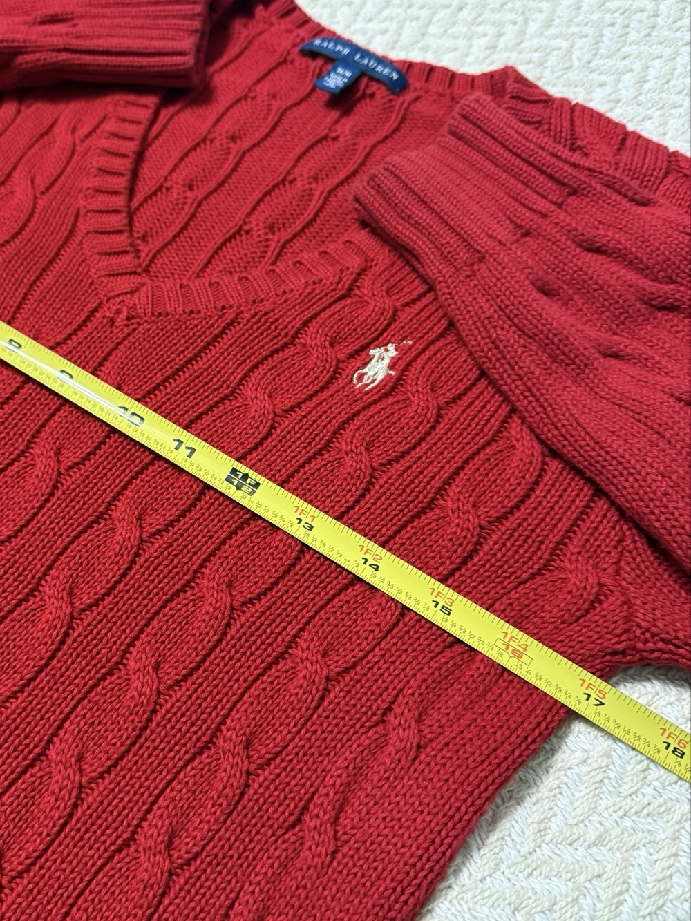 Ralph Lauren Red 100% Cotton Cable Knit V-Neck Sweater M Gold Pony EUC - Picture 9 of 10
